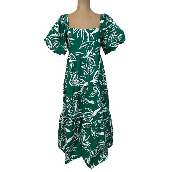 Meadow Rhodes Midi Dress Green & White Cotton Leaf Print A-line Puff Sleeve Med - Picture 5 of 9